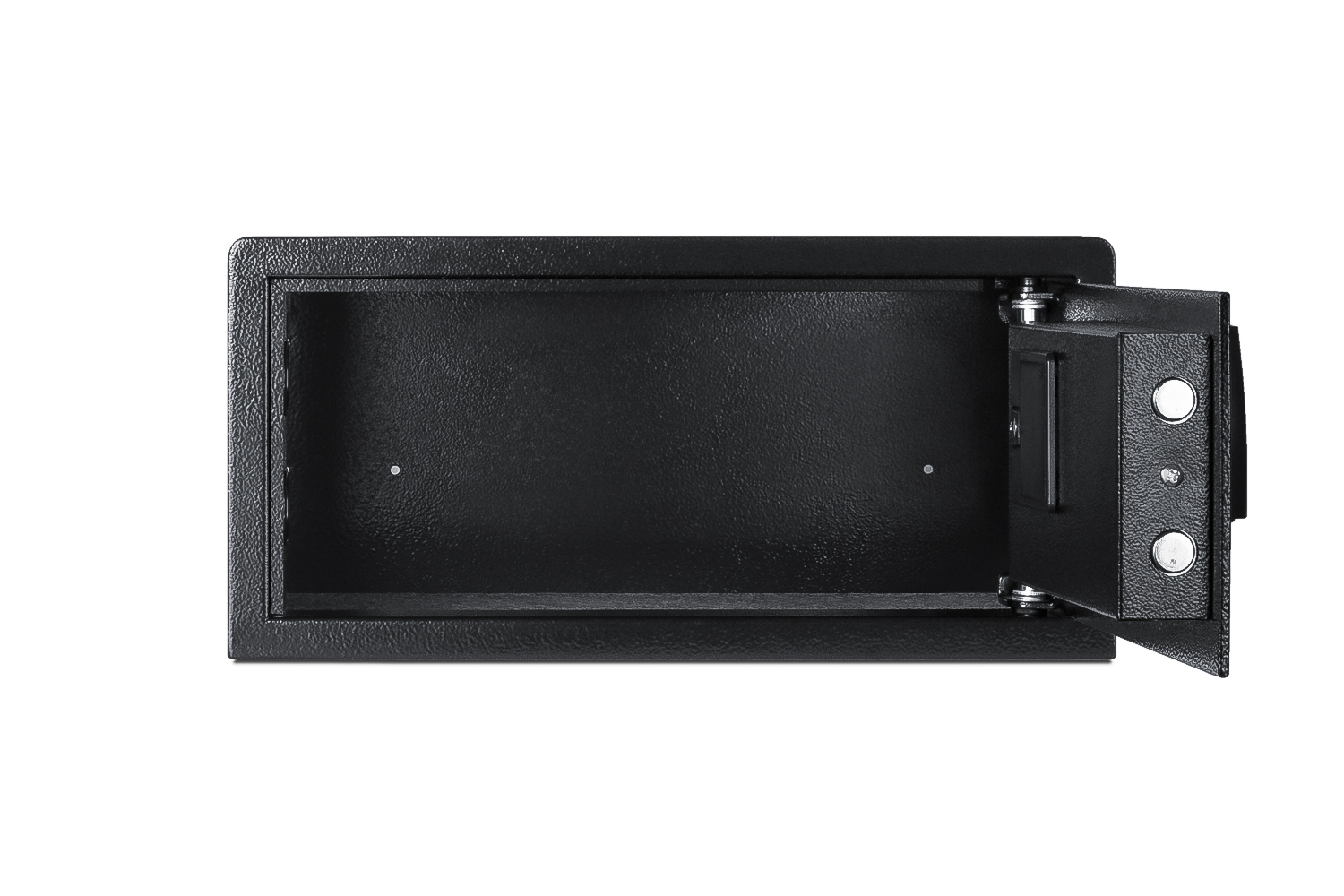 In-room hotel safe in black with digital keypad lock